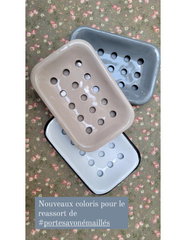 portes savon rétro en métal émaillé gris blanc ou taupe.